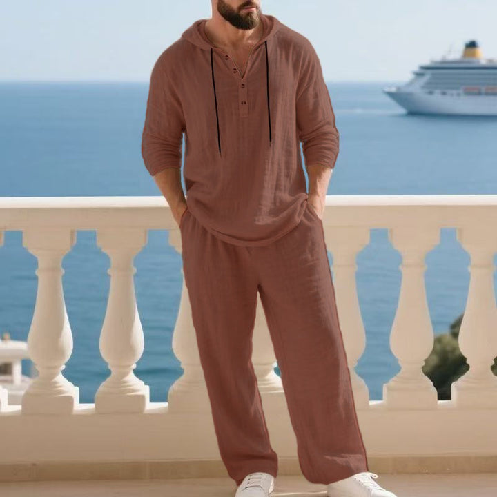 Men's casual linen two-piece set with hooded Henley-style shirt and loose-fitting leisure pants Mune Fashion