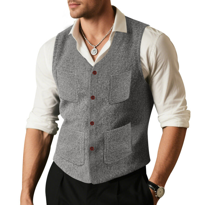 Men's wool blend vest with V-neck, patch pockets, and mesh lining Mune Fashion