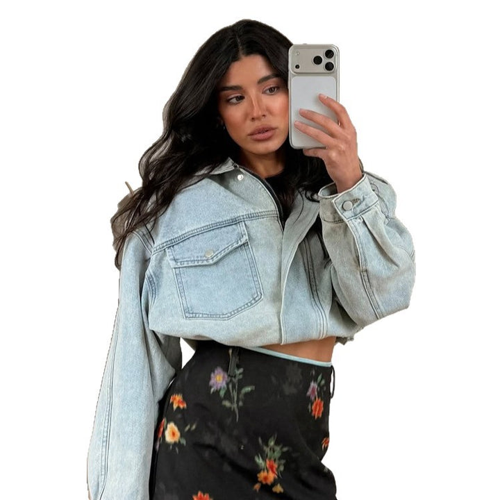 Women's Cropped Denim Jacket with Drawstring, Boxy Oversized Silhouette & Flap Pockets Mune Fashion