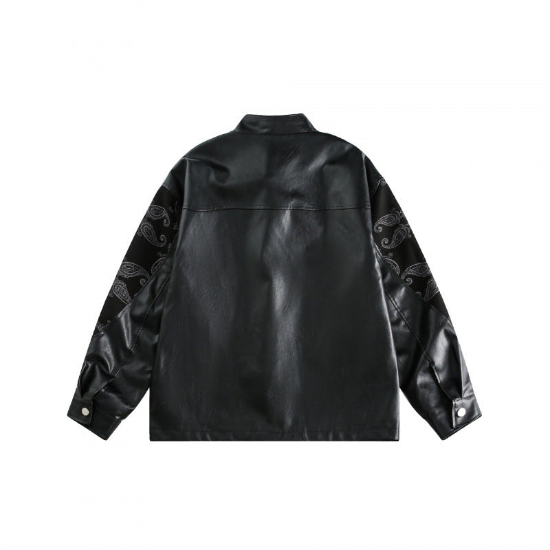 Unisex jacket in chinoiserie style with faux leather front, stand-up collar, and paisley sleeves Mune Fashion