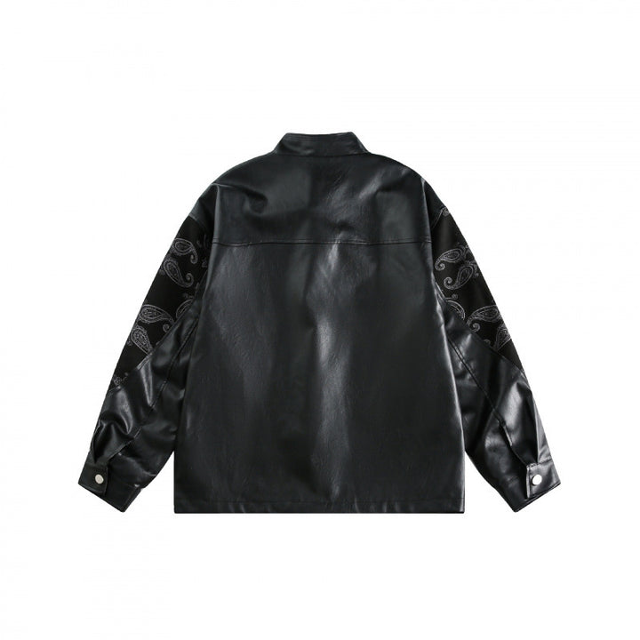 Unisex jacket in chinoiserie style with faux leather front, stand-up collar, and paisley sleeves Mune Fashion