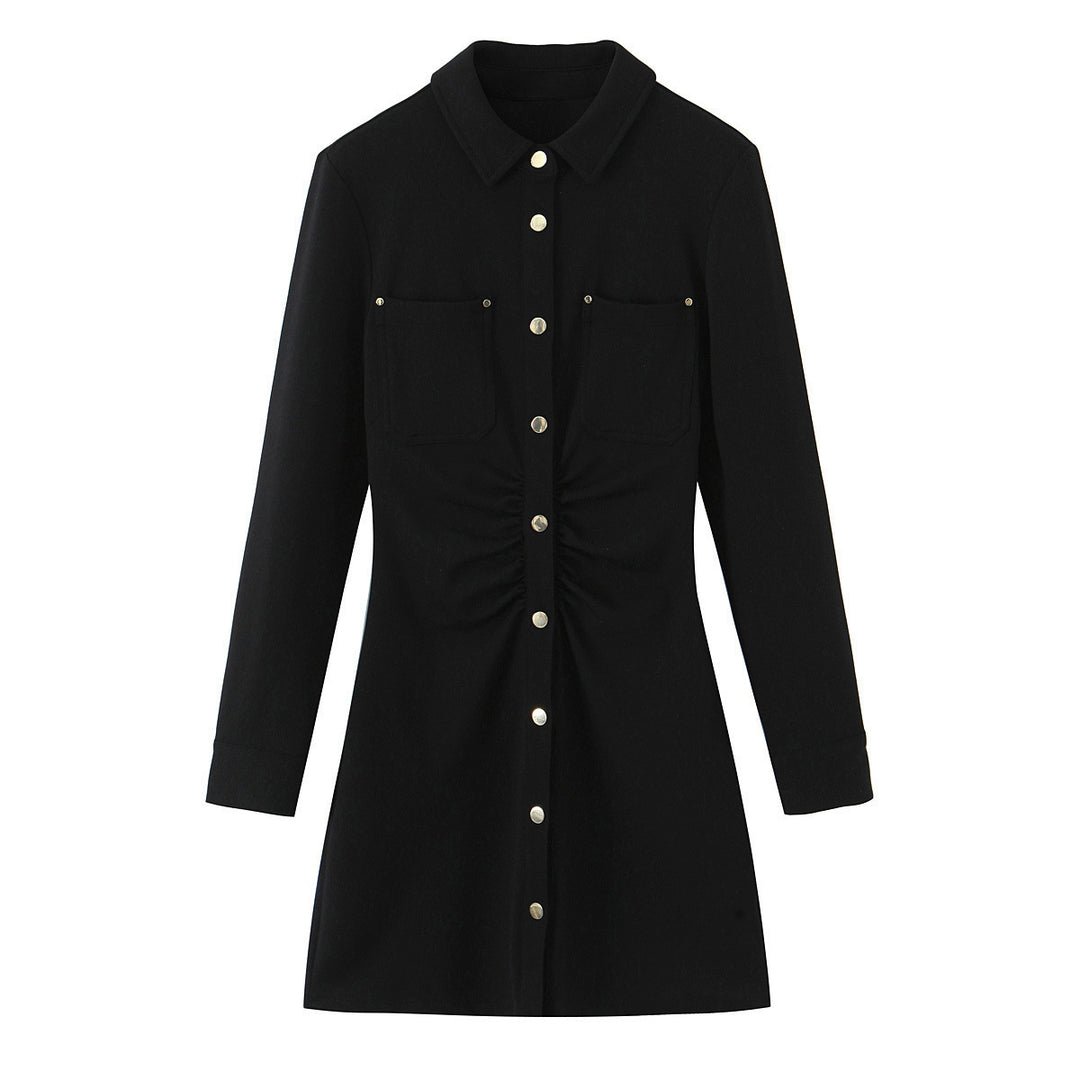 Ladies shirt dress with decorative button placket, breast pockets, and waist gathering Mune Fashion