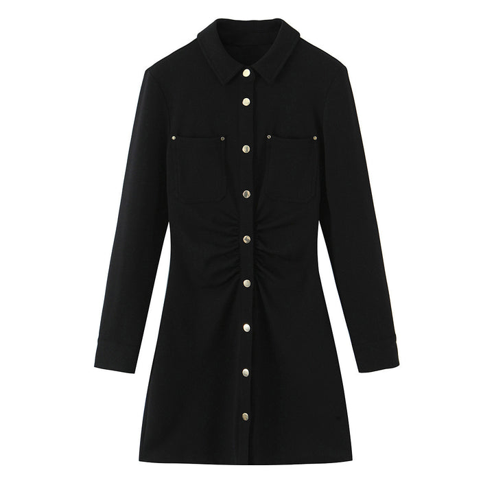 Ladies shirt dress with decorative button placket, breast pockets, and waist gathering Mune Fashion
