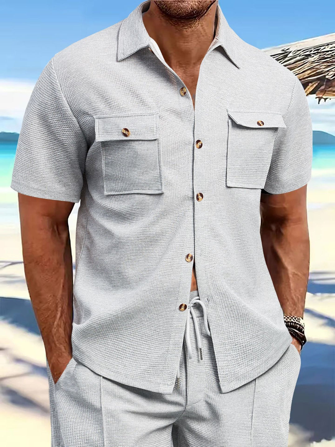Men's structured waffle lounge set with shirt jacket, chest pockets and corded pants Mune Fashion