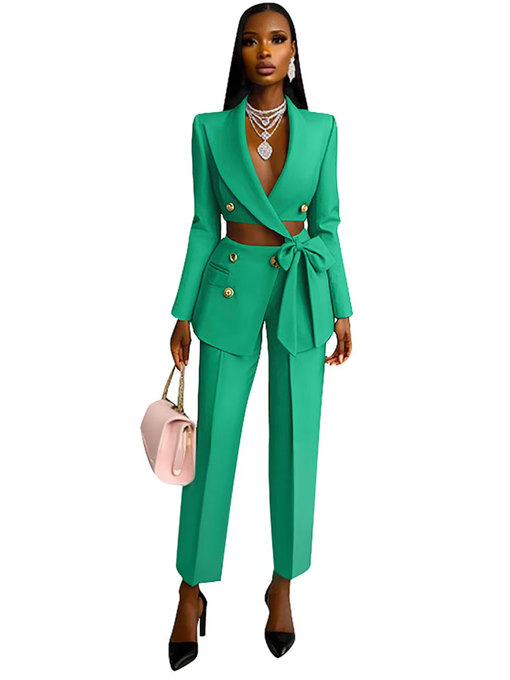 Ladies Tailored Crop Blazer with Decorative Bow, Double Breasted and High Waisted Pants Mune Fashion