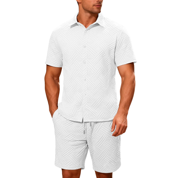 Men's lightweight short-sleeve shirt and Bermuda two-piece set with embossed woven texture and drawstring waistband Mune Fashion
