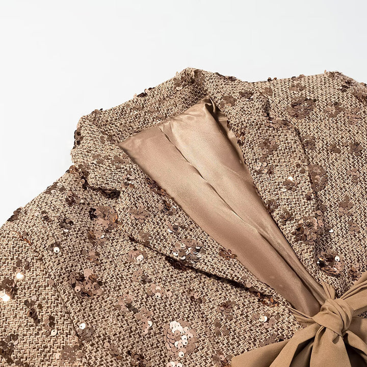Women's short blazer made of tweed with sequin trim and bow closure Mune Fashion
