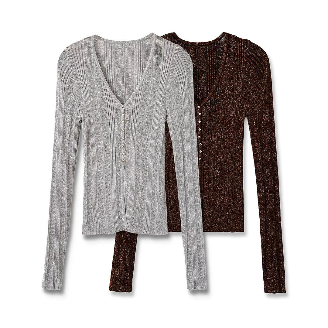 Women's figure-hugging ribbed fine knit cardigan with V-neck, shiny thread and decorative button strip Mune Fashion