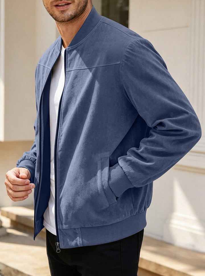 Men's Lightweight Bomber Jacket in Velour Look with Zipper and Ribbed Cuffs Mune Fashion