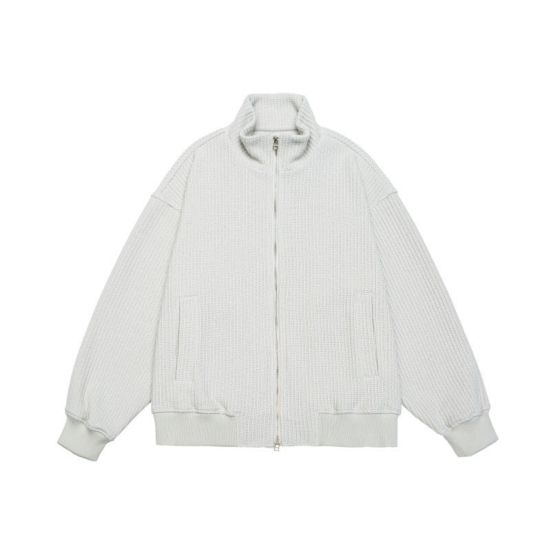 Unisex chunky knit boxy zip jacket with stand-up collar and ribbed cuffs Mune Fashion