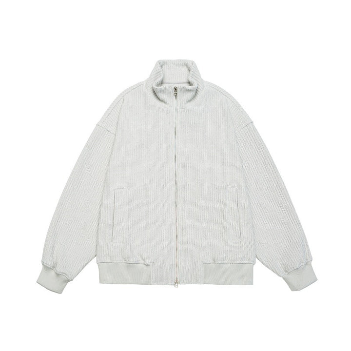 Unisex chunky knit boxy zip jacket with stand-up collar and ribbed cuffs Mune Fashion