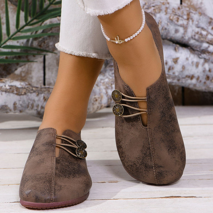 Women Comfortable Closed Slippers with Decorative Buttons and Elastic Lacing Mune Fashion