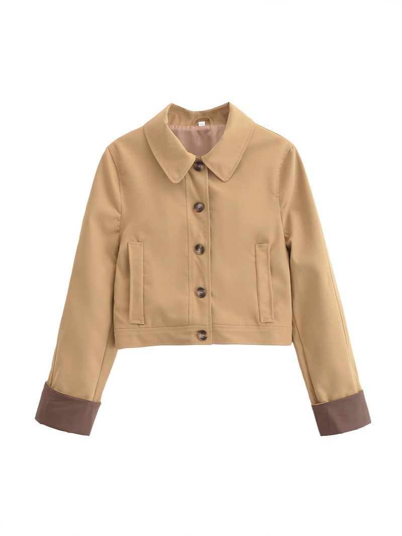 Women's Cropped Utility Jacket with Shirt Collar, Contrasting Turn-Up Cuffs and Continuous Button Placket Mune Fashion