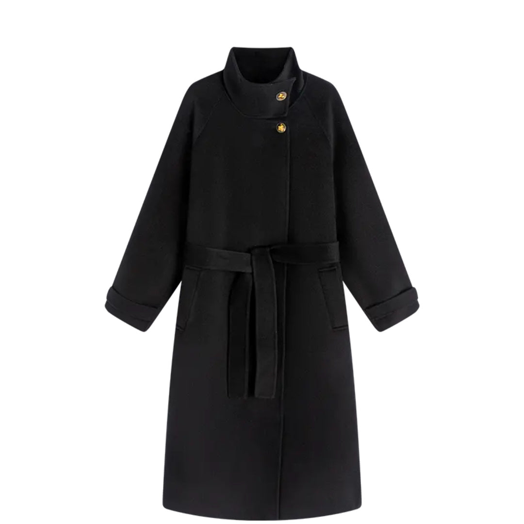 Women's long coat made of wool blend with standing collar and tie belt Mune Fashion