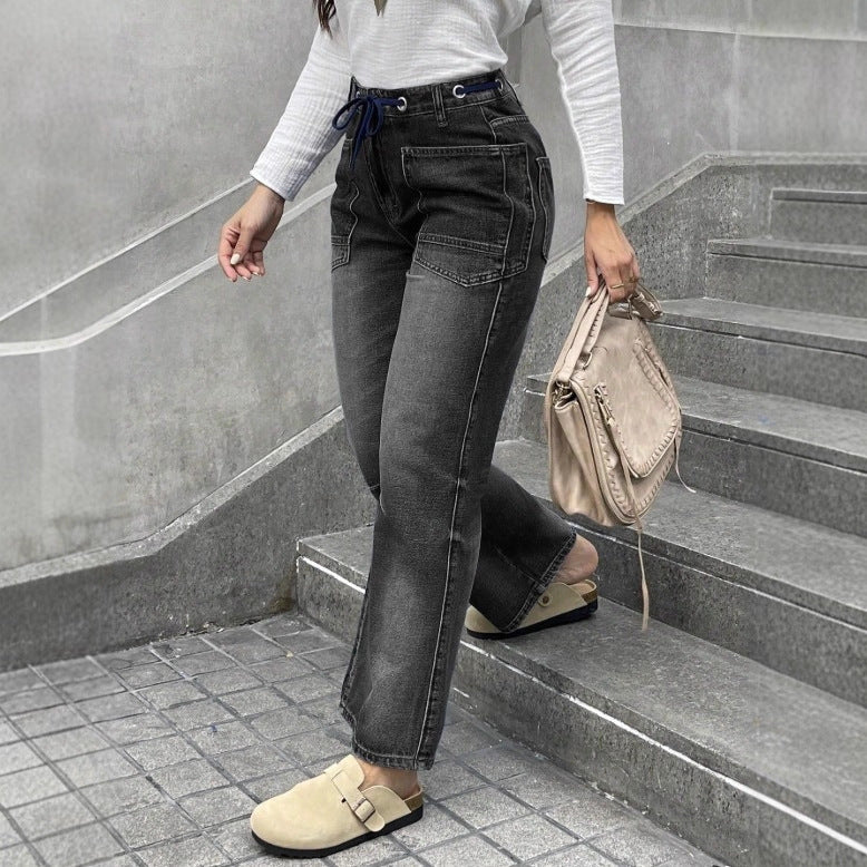 Women's high-waisted jeans with straight leg, drawstring waistband, and patch pockets Mune Fashion