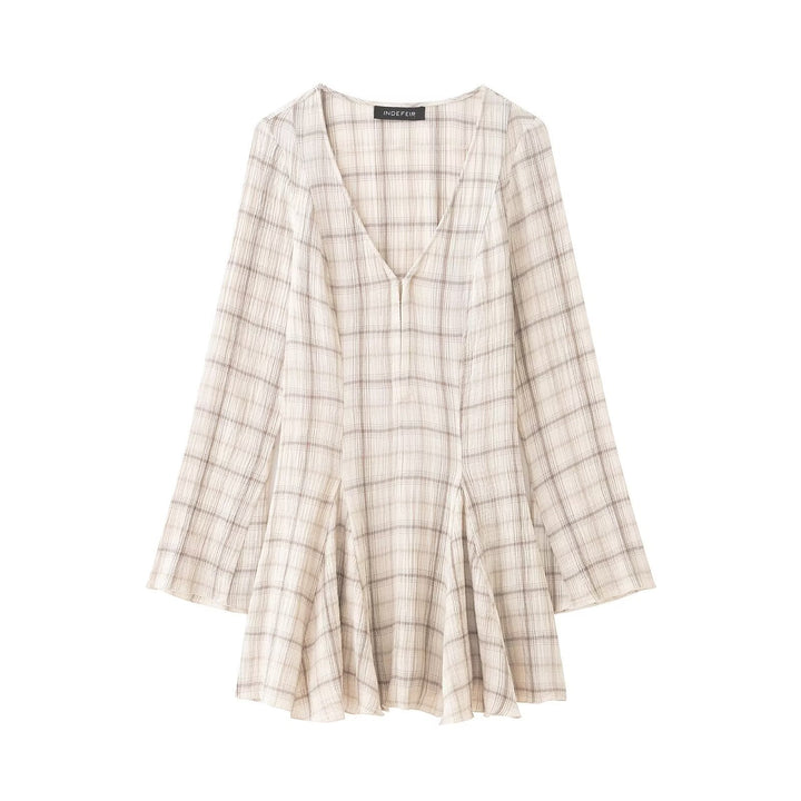 Women Lightweight Checkered Summer Dress with Deep V-Neck and Bell Sleeves Mune Fashion