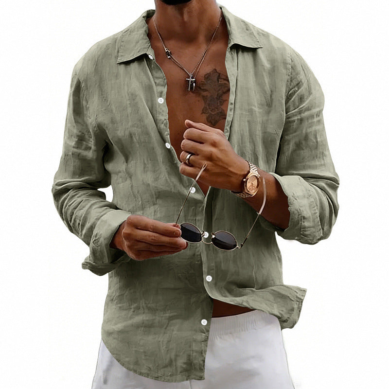 Men's airy relaxed linen shirt with open lapel, rounded hem, and roll-up sleeves Mune Fashion