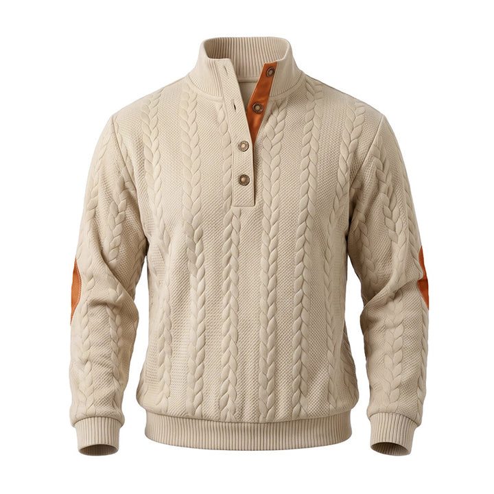 Men's troyer pullover with cable pattern, elbow patches and contrasted button placket Mune Fashion