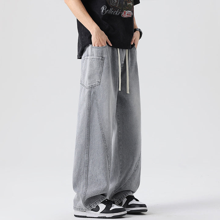 Men's Extra Wide Denim Baggy Pants with Drawstring Waist and Panel Seams Mune Fashion