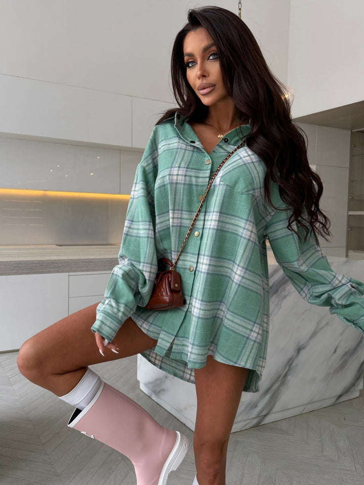 Women's oversized check shirt dress with button placket, chest pockets, and extended back hem Mune Fashion