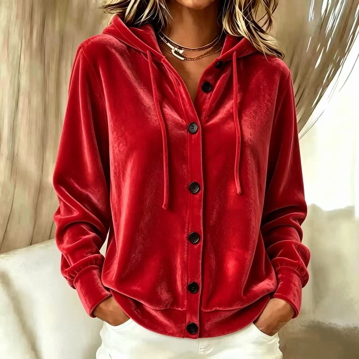 Women's Oversized Velvet Hooded Jacket with Elastic Hem and Wide Sleeves Mune Fashion