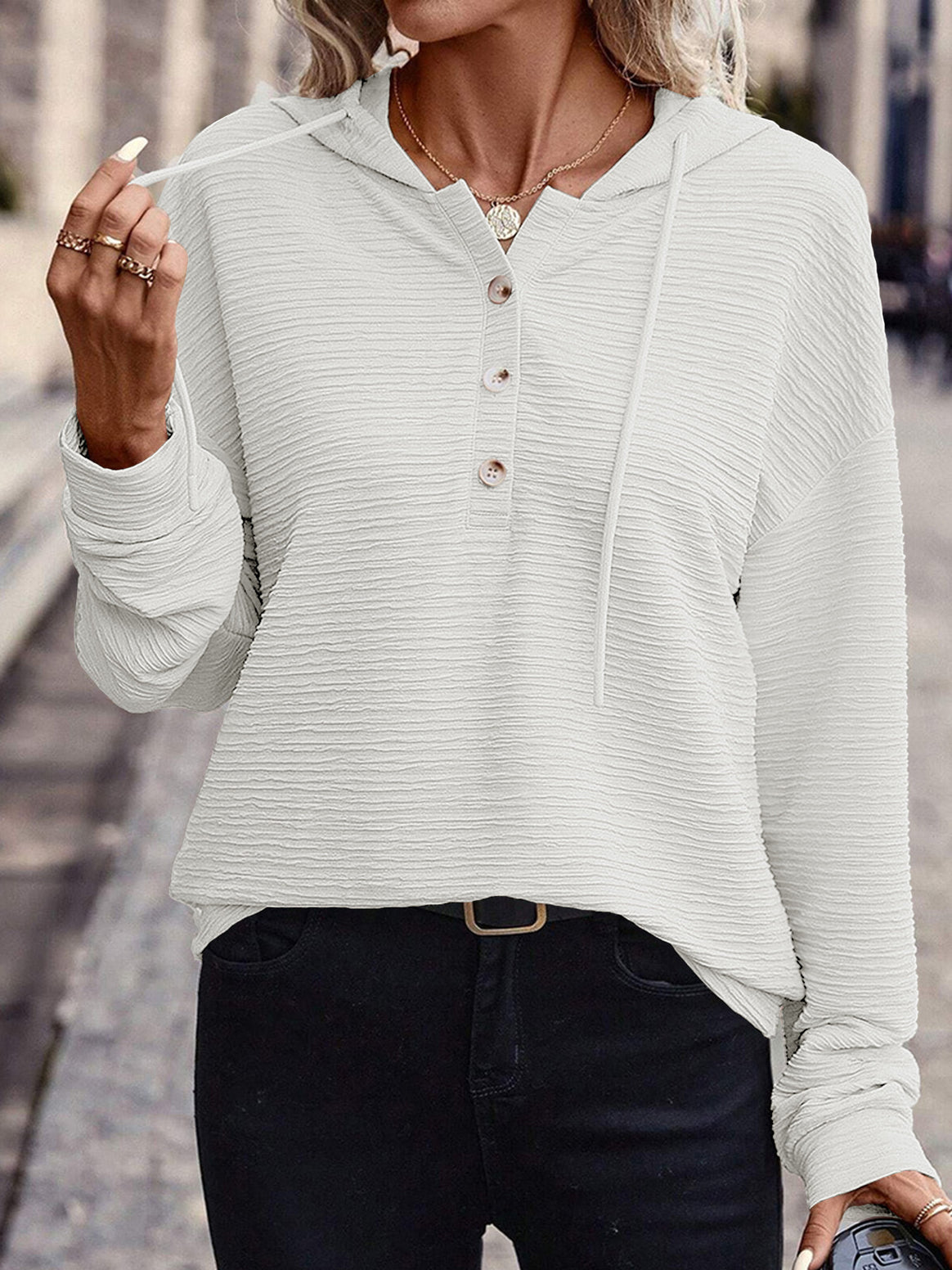 Ladies Textured Hooded Henley Sweater with Button Placket Mune Fashion