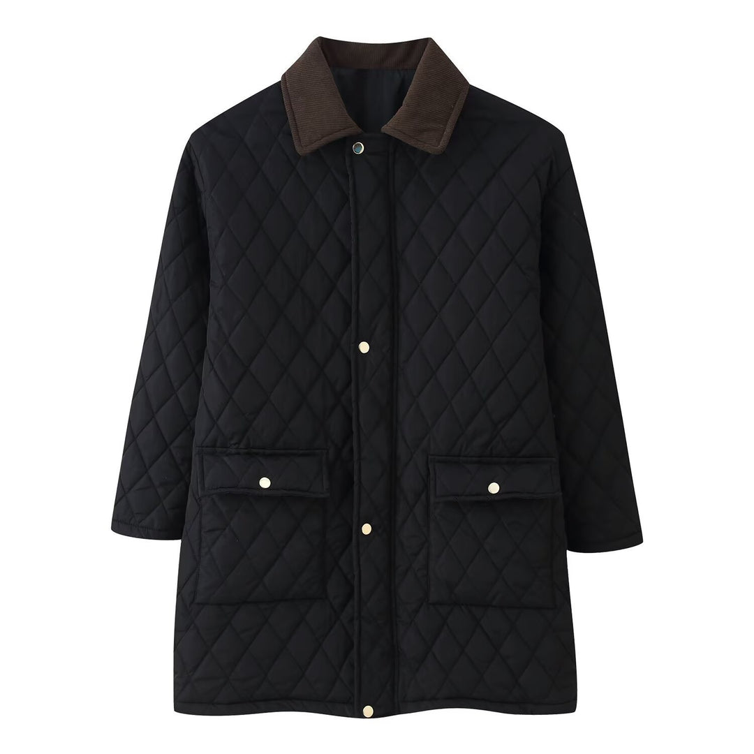 Women’s quilted coat with cord collar, checkered quilting and patch pockets Mune Fashion