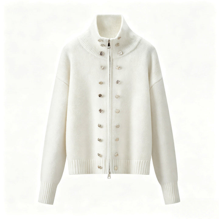 Women's Cropped Cardigan with High Standing Collar, Decorative Button Placket and Double Zipper Mune Fashion