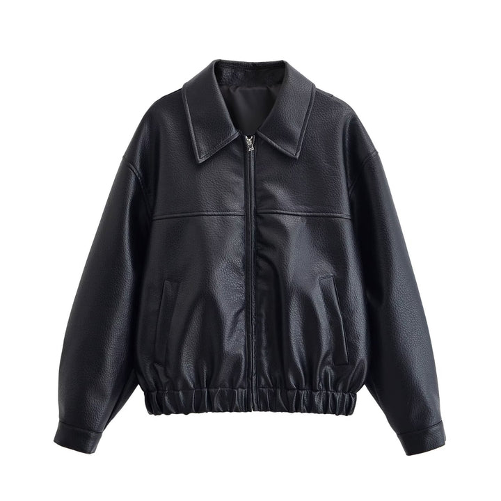Women Oversized Faux Leather Bomber Jacket with Shirt Collar Zipper and Elastic Hem Mune Fashion