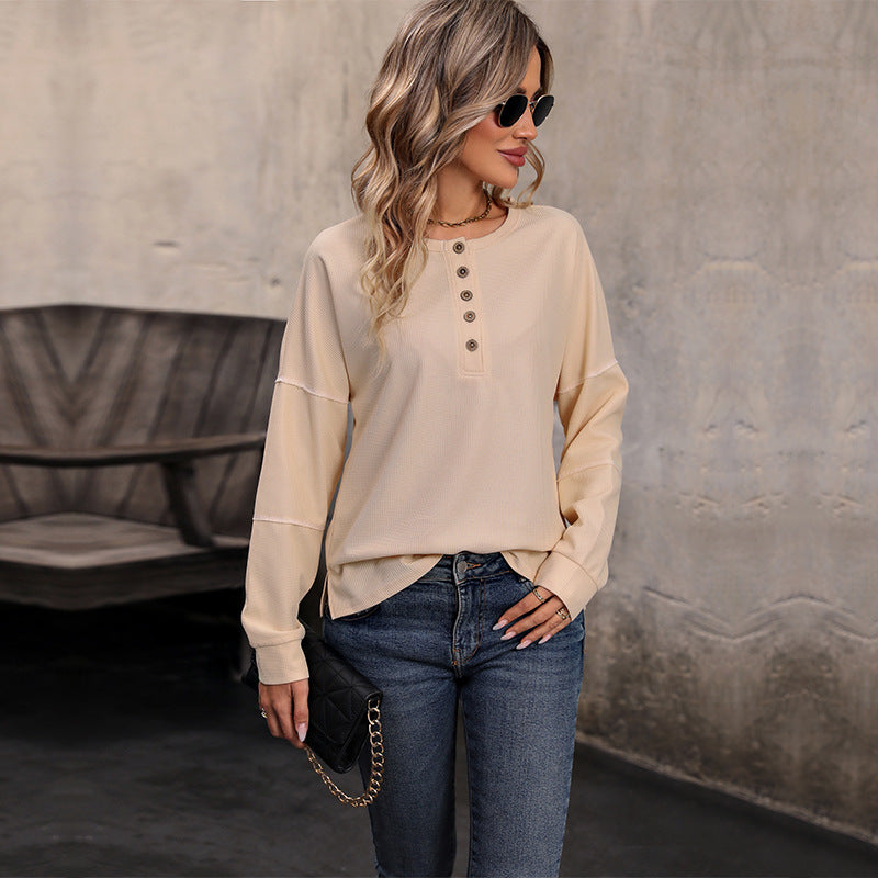Women's Long-Sleeve Waffle Knit Henley Shirt with Button Placket Mune Fashion