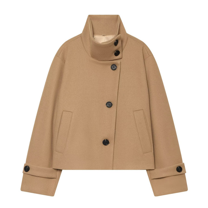 Women Short Cut Wool Coat with High Stand-Up Collar and Buttoned Cuffs Drune