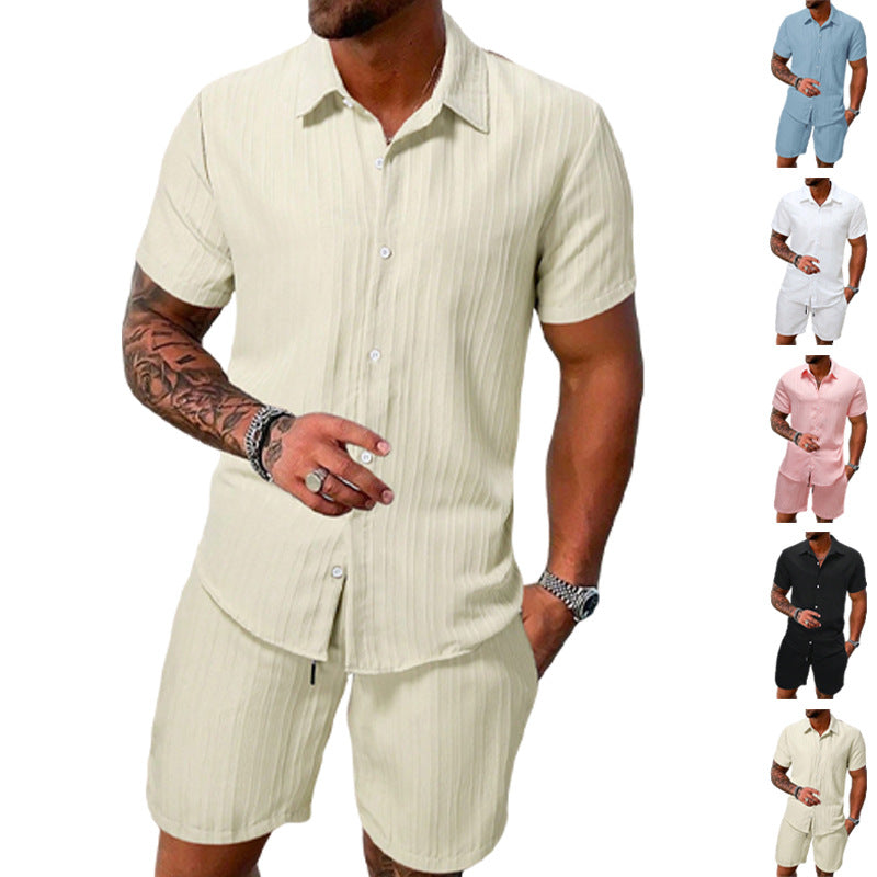 Men's lightweight short-sleeve shirt with open collar and matching casual shorts made of textured cotton blend Mune Fashion