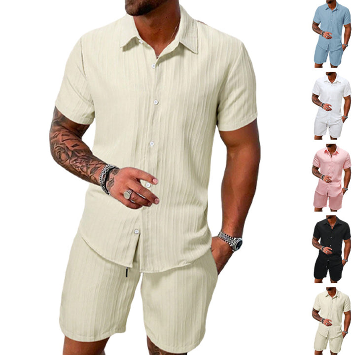 Men's lightweight short-sleeve shirt with open collar and matching casual shorts made of textured cotton blend Mune Fashion