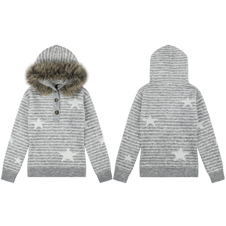 Women's hooded sweater made of fine knit with faux fur trim, star stripe pattern and button placket Mune Fashion