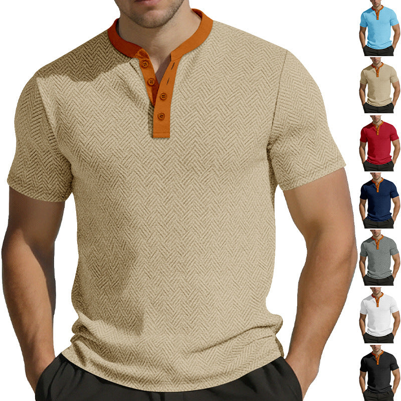 Men's slim short sleeve Henley polo shirt with Mandarin collar and fine jacquard texture Mune Fashion