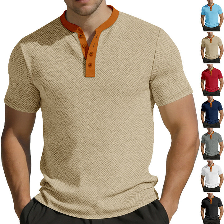 Men's slim short sleeve Henley polo shirt with Mandarin collar and fine jacquard texture Mune Fashion