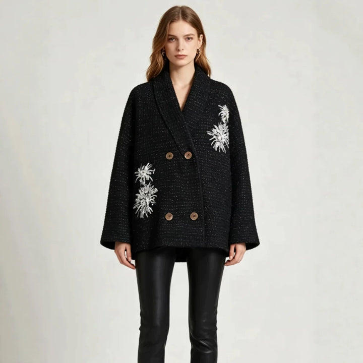 Women's Oversized Boucle Coat Jacket with Shawl Collar and Floral Embroidery Mune Fashion