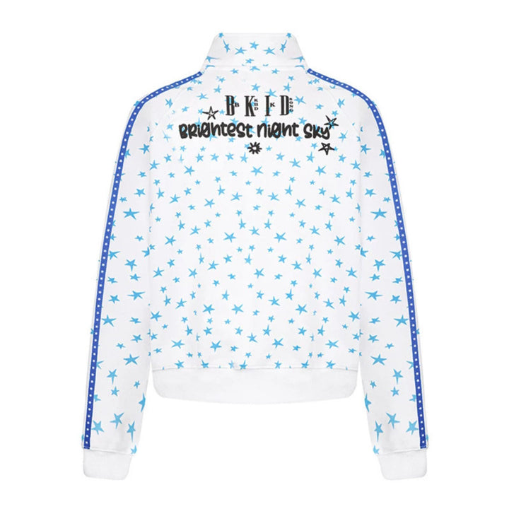 Women's sweat jacket in retro track style with stand-up collar, star print, and contrast stripes.