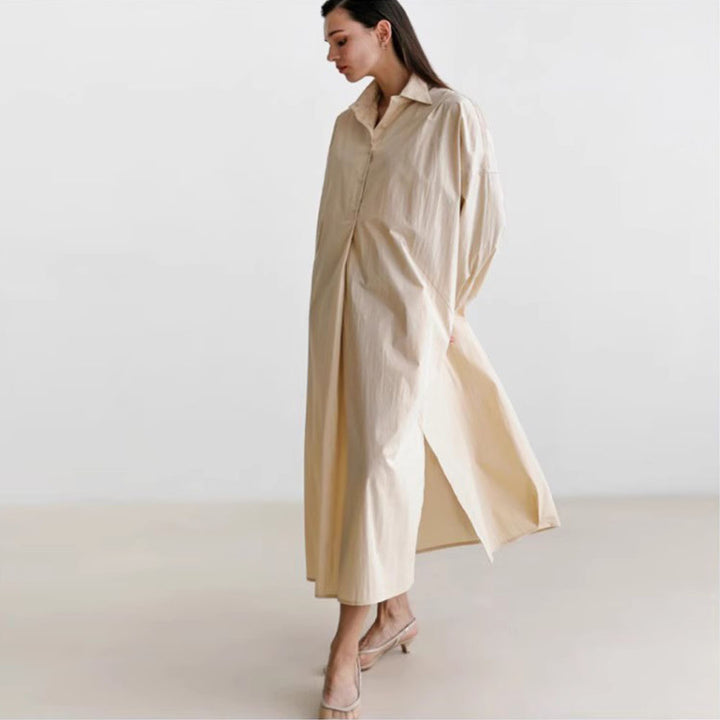 Women Flowing Oversized Shirt Dress with Kent Collar, Kimono Sleeves and Side Slits Mune Fashion
