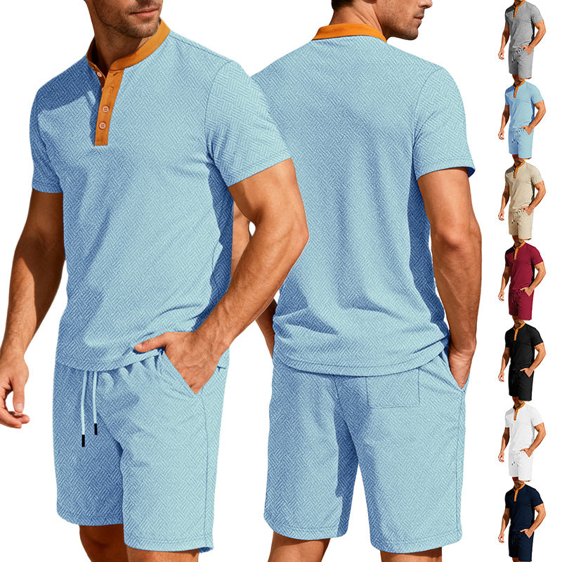 Men's nautical leisure set with fine wave texture stand collar trim and drawstring shorts Mune Fashion