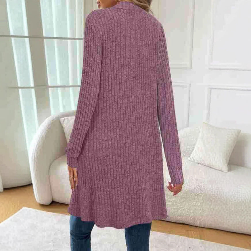 Women Longline Ribbed Knit Cardigan with Pockets Mune Fashion