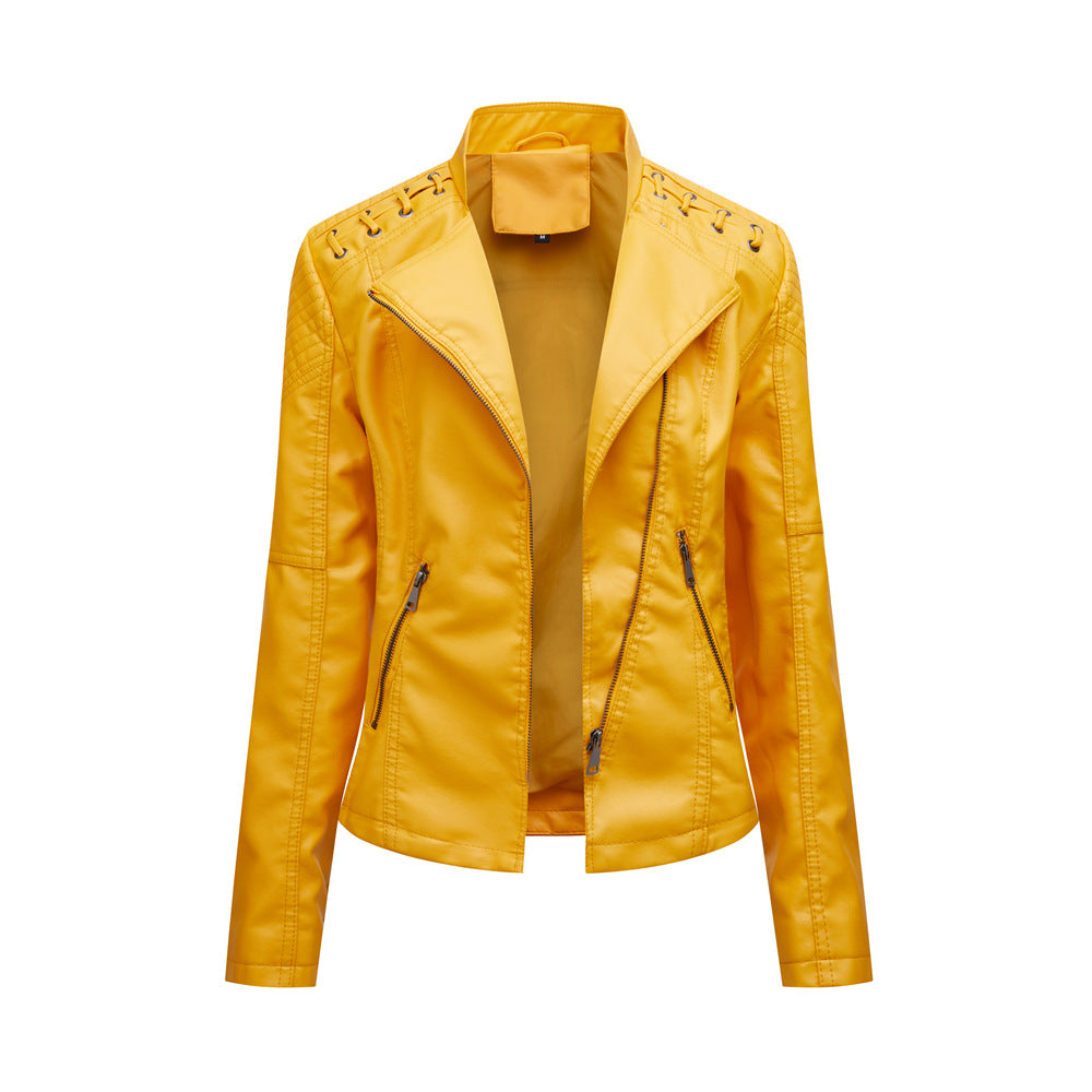 Women's short biker jacket made of faux leather with decorative eyelet lacing on the shoulders Mune Fashion