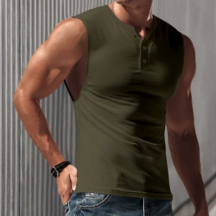 Men's sleeveless muscle shirt with Henley button placket, deep armhole, and elastic cotton blend Mune Fashion