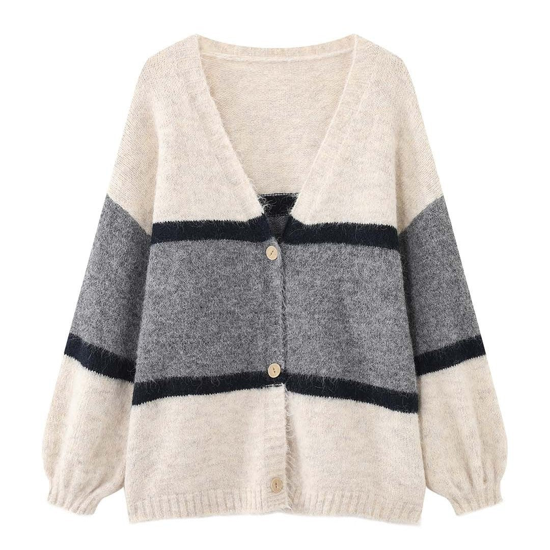 Women's Soft Oversized Knit Cardigan with V-Neck, Block Stripes and Button Placket Mune Fashion