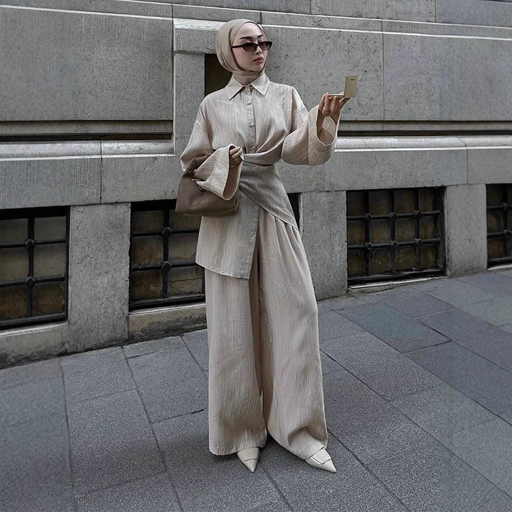 Women's casual tunic set with wrap belt and wide palazzo pants Mune Fashion