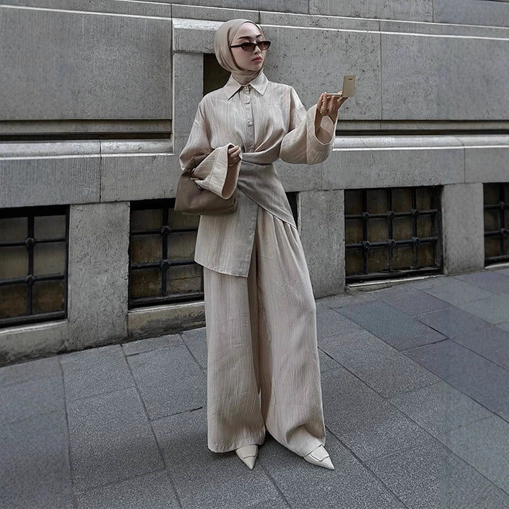 Women's casual tunic set with wrap belt and wide palazzo pants Mune Fashion