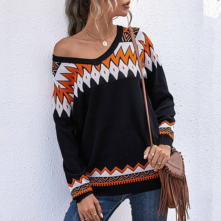 Women’s Oversize Knit Sweater with Geometric Aztec Pattern and Asymmetrical Off-Shoulder Neckline Mune Fashion