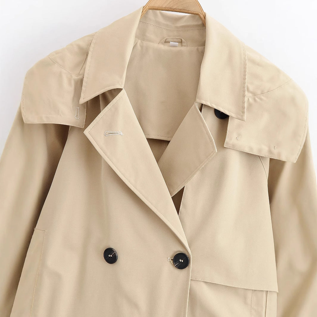 Women 10+ short-cut trench blouson with double-breasted button placket and shoulder patch Mune Fashion