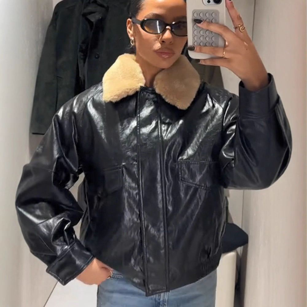Women's Shiny Oversized Faux Leather Bomber Jacket with Voluminous Faux Fur Collar Mune Fashion