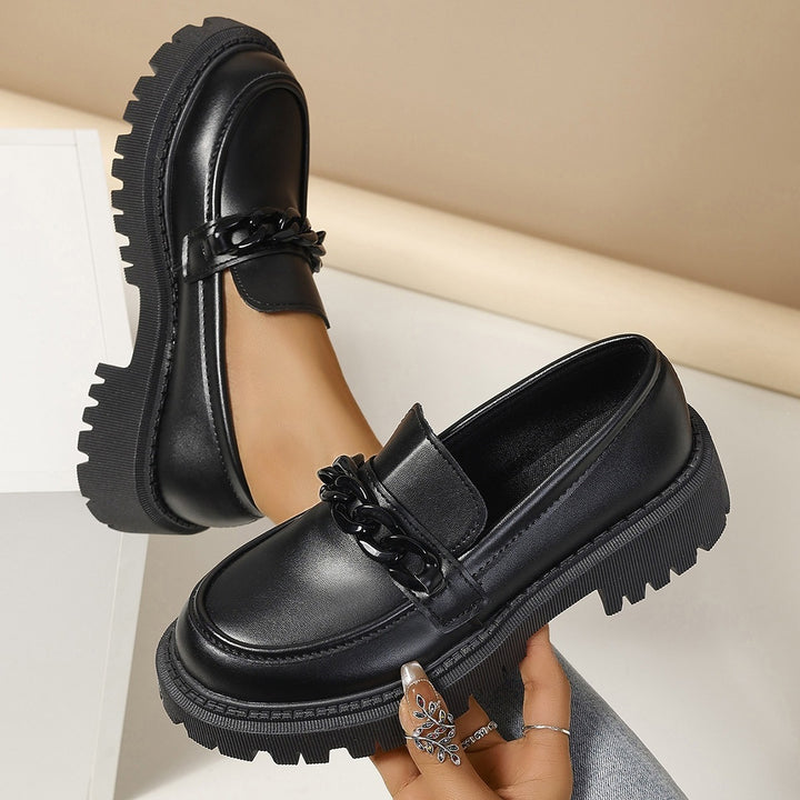 Ladies Fashion Slip-On Loafers with Thick Platform Sole and Chain Application Mune Fashion
